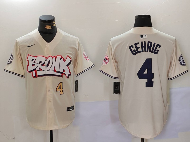Men New York Yankees #4 Gehrig Cream joint name 2024 Nike MLB Jersey style 2